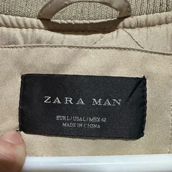 ZARA MAN Tan Khaki Satin Bomber Jacket Size Large Zipper Office Business Casual